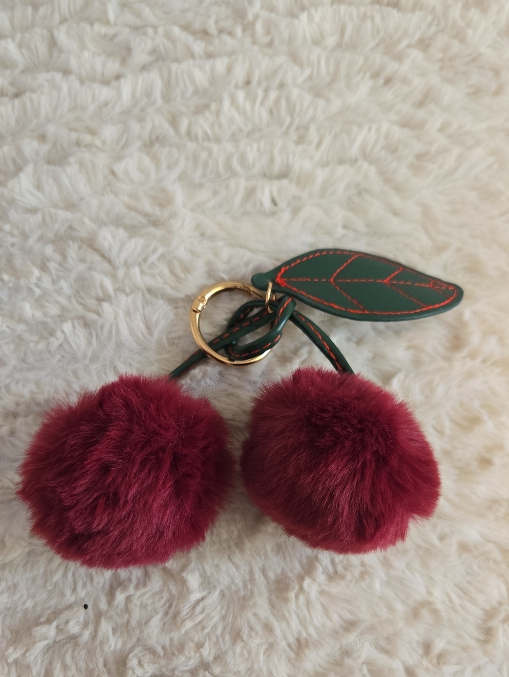 Plush Cherry Pom Keychain - Burgundy Faux Fur